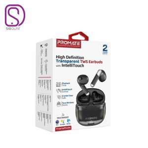 هندزفری بی‌سیم (ایربادز بلوتوث) پرومیت مدل TRANSPODS.BLACK با محفظه شفاف