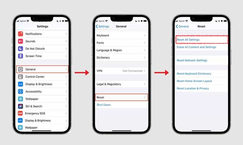فعال کردن Reset All Settings